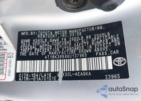 2006 Toyota Avalon Xl/Xls/Touring/Limited z USA, uszkodzony, nr VIN 4T1BK36B96U137965